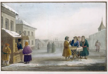 Ambulerande tobaksförsäljare framför en tobaksaffär i Ryssland. Verk av Eugene Pluchart (1809-1880), litografi och akvarell