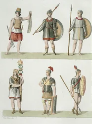 Romerska soldater, detalj från plåt 2, klass 5 i del I av Nationernas historia, graverad av Buttazon aquatint se även 93289