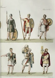 Romerska soldater, detalj från plåt 2, klass 5 i del I av Nationernas historia, graverad av Buttazon (akvatint) (se även 93288)