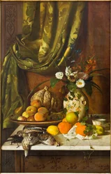 Blommor, frukt och vilt (olja på duk)