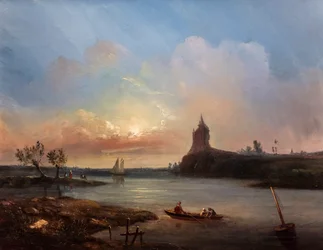 Utsikt över en flodmynning med fiskare och ett imaginärt slott