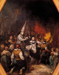 Dömda av inkvisitionen. De dömda bär capirote-huvudbonader, spetsiga konformade hattar. Målning av Eugenio Lucas Velázquez (1817-1870), omkring 1862. Pradomuseet, Madrid