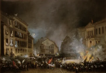Avsnitt av revolutionen 1854 i Puerta del Sol i Madrid. Målning av Eugenio LUCAS VELAZQUEZ