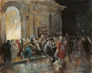 Anländer till teatern på en natt med en maskerad bal - Lucas Villaamil, Eugenio (1858-1919) - ca. 1895 - Olja på trä - 31x40 - Museo Carmen Thyssen, Malaga