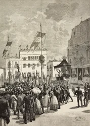 Avtäckning av monument till Victor Emmanuel II (1820-1878), första kung av Italien, i närvaro av Umberto I (1844-1900), kung av Italien, staty av Eugenio Maccagnani (1852-1930), Lecce, Italien