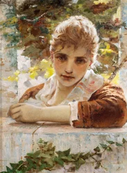 Kvinna på veranda av Eugenio Prati (1842-1907)