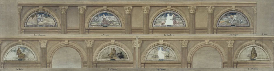 Skiss till matsalen i Hôtel de Ville de Paris: Fälten. Fruktträdgården. Rabatten. Köksträdgården. Fisket. Jakten. Gården. Betesmarken, omkring 1891