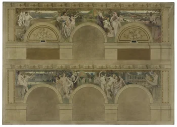 Skiss till en av de inledande salongerna i Hôtel de Ville de Paris: Le Travail. Les Réjouissances. La Charité, år 1892 (svart tusch, olja på duk)