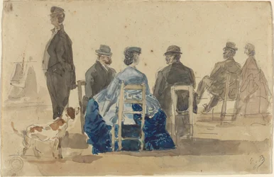 Mina damer och herrar sitter på stranden med en hund