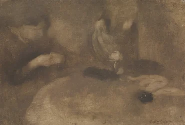 Kvinnor som syr vid ett bord, ca. 1894-96.