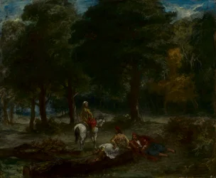 Grekiska kavallerimän som vilar i skogen