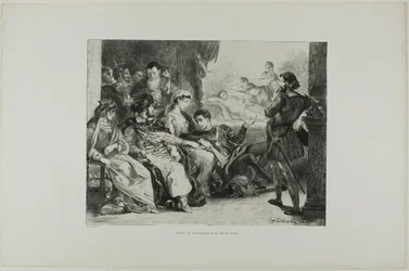 Hamlet får spelarna att iscensätta förgiftningen av hans far, plansch 7 ur Hamlet
