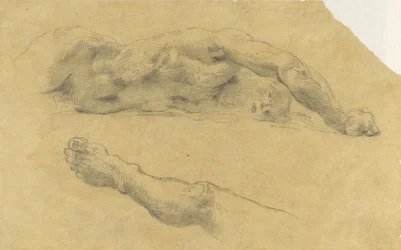 Liggande naken man; hans ben separat
