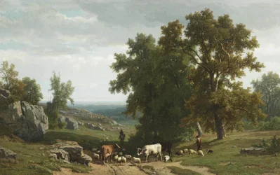 Nötkreatur och figurer i ett sommarlandskap
