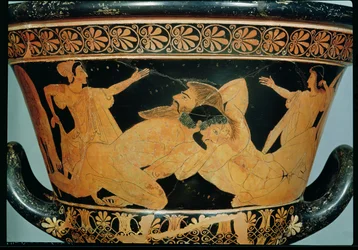 Attisk rödfigurig kalkkrater som avbildar Herakles i brottning med Antaios, från Cerveteri, omkring 510 f.Kr.