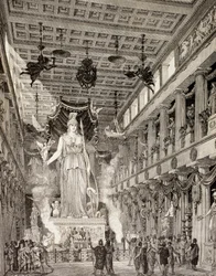 Konstnärlig föreställning av gudinnan Athenas staty i Parthenon i Aten under den klassiska perioden, ur ”El Mundo Ilustrado”, utgiven i Barcelona, 1880
