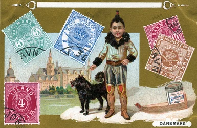 Danska och isländska frimärken med ett inuitbarn och hans hund, 1897