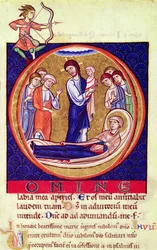 Historikerad initial som visar Jungfruns död, från ett okänt manuskript, 1100-1200-talet