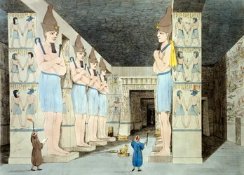 Interiör av Rameses tempel i Abu Simbel (färgad etsning)
