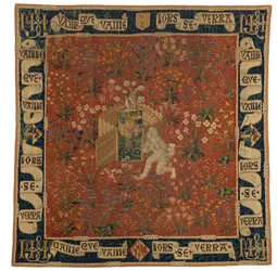 Mille fleurs gobeläng föreställande grönska, vapensköld och en vild man, ca 1500 (ull)