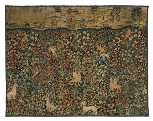 Mille fleurs gobelängfragment föreställande djur, fåglar och landskap, ca 1500 (ull)