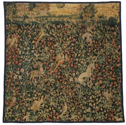 Mille fleurs gobelängfragment föreställande djur, fåglar och landskap, ca 1500 (ull)