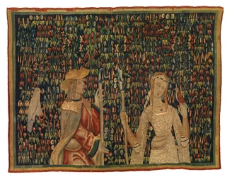 Mille fleurs gobelängfragment som föreställer herde och herdinna eller dam och ungdom (ull och siden)
