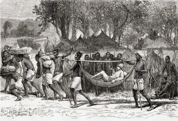 Verney Lovett Cameron anländer till byn Oulonnda, Afrika, 1878 (trägravyr)
