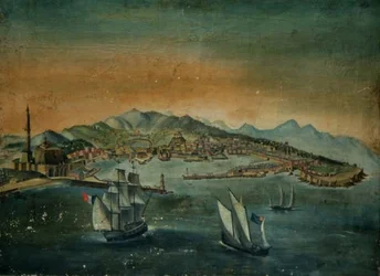 Utsikt över en hamn med en fyr på en udde, ca 1800