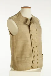 Väst i vävt siden med fint guld, grädde och orange ränder, ca 1780-90 (silke)