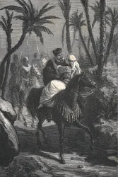 Cervantes rider en häst med en kvinna i en oas