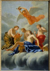 Kärlekens födelse: Venus föder Amor. Från Eustache Le Sueurs verkstad (1617-1655), 1600-talet. Sol. 1,82 x 1,25 m