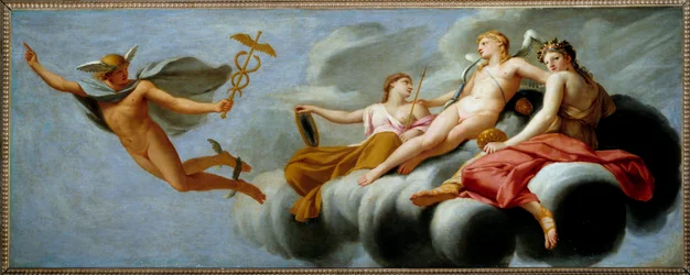 Amor befaller Merkurius att förkunna hans makt för universum. Hermes har förlorat sitt attribut. Målning av Eustache Le Sueur (1617-1655), 1646, Sun. 1x2,5 m.