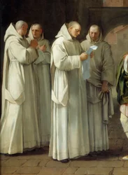 Saint Bruno (1030-1101), grundare av den kartusiska orden får ett meddelande från påven Urban II (Urbano 2) (detalj)