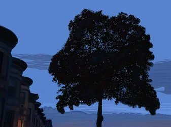 9th Street och Oak Tree i gryningen, 2025 (digital konst)