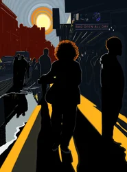 Bakgrundsbelysta figurer och sol på Manhattans trottoar (digital konst)