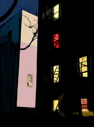 Färgglada fönster i flerfamiljshus på natten Brooklyn (digital konst)