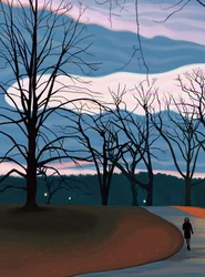 Man tränar i Prospect Park vid soluppgången Skymning (digital konst)