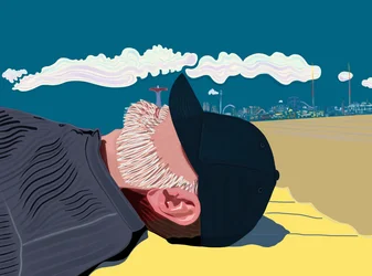 Man med skägg på stranden på Coney Island (digital konst)