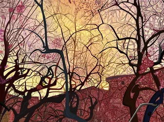 Orange himmel, byggnader och träd på våren (digital konst)