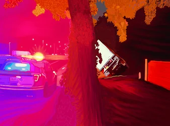 Omkullvält lastbil, 2025 (digital konst)