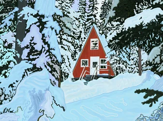 Röd, ett hus med ram i snö på natten (digital konst)