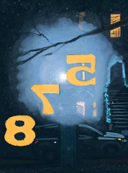 Snö på natten sett genom numreringen på ytterdörren, Brooklyn (digital konst)