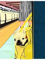 Tunnelbaneresenär med hund i väska, Brooklyn (digital konst)