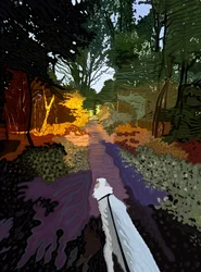 Vit hund som går i skogen (digital konst)