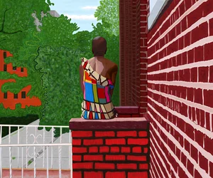 Kvinna sitter i Crown Heights, sommar (digital konst)