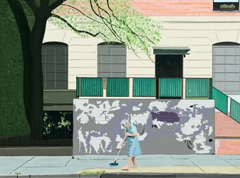 Kvinna sopar trottoar, Brooklyn (digital konst)