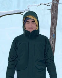 Ung man i grön parkas i snö (digital konst)