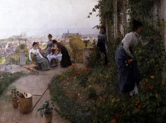 En sommareftermiddag, Liege, Belgien. En sommareftermiddag i Liege. På en terrass sitter några kvinnor och dricker te. En av dem plockar blommor. Målning av Evariste Carpentier (1845-1922, Belgien) Privat samling