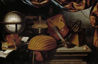 Stilleben med musikinstrument, klot och armillarysfär, 1600-talet.